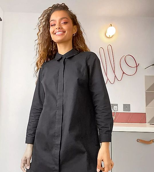 ASOS DESIGN Petite – Mini-Hemdkleid aus Baumwolle in Schwarz günstig online kaufen
