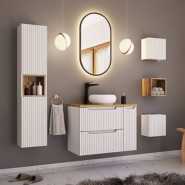 Badmöbel Set 6-teilig mit 80cm Waschtisch, weiß und Eiche, NEWPORT-56-WHITE günstig online kaufen