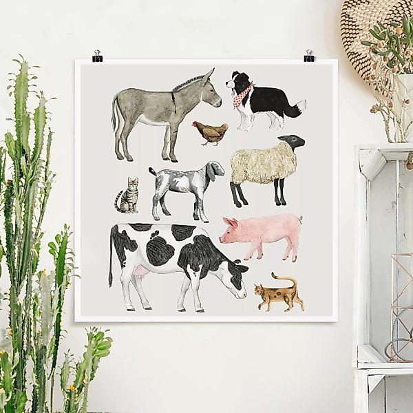 Poster Tiere - Quadrat Bauernhof Tierfamilie II günstig online kaufen