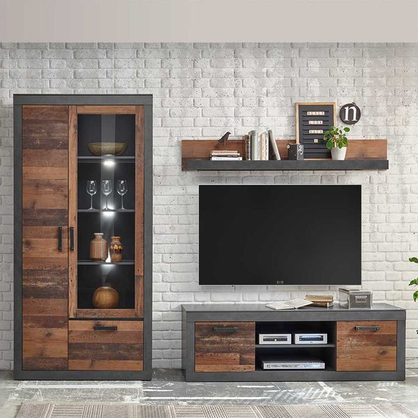 Wohnzimmer Anbauwand in Dunkelgrau und Altholz Optik Loft Design (dreiteili günstig online kaufen