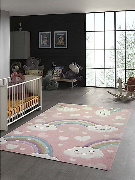 TeppichHome24 Kinderteppich Kinderteppich Regenbogen mit Wolken und Herzen günstig online kaufen