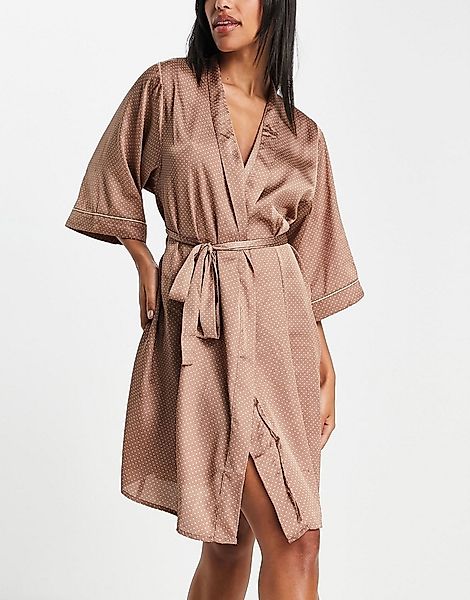 Vero Moda – Gepunkteter Kimono-Morgenmantel aus Satin in Mokka-Braun günstig online kaufen