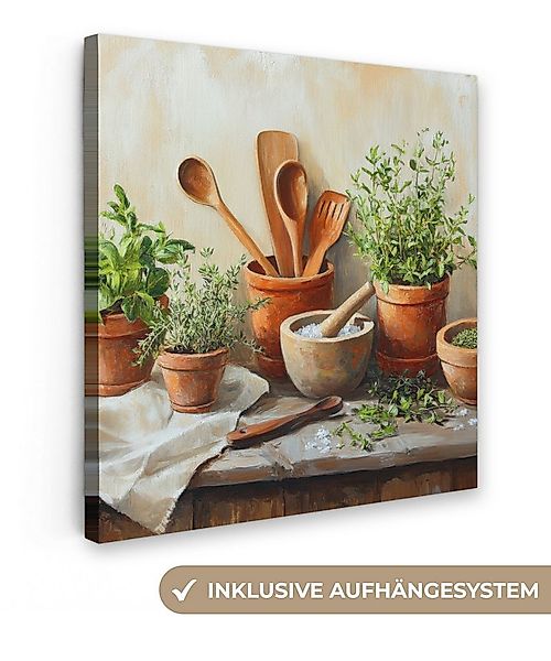 OneMillionCanvasses® Leinwandbild Töpfe - Kräuter - Holz, Fotodruck (1 St), günstig online kaufen
