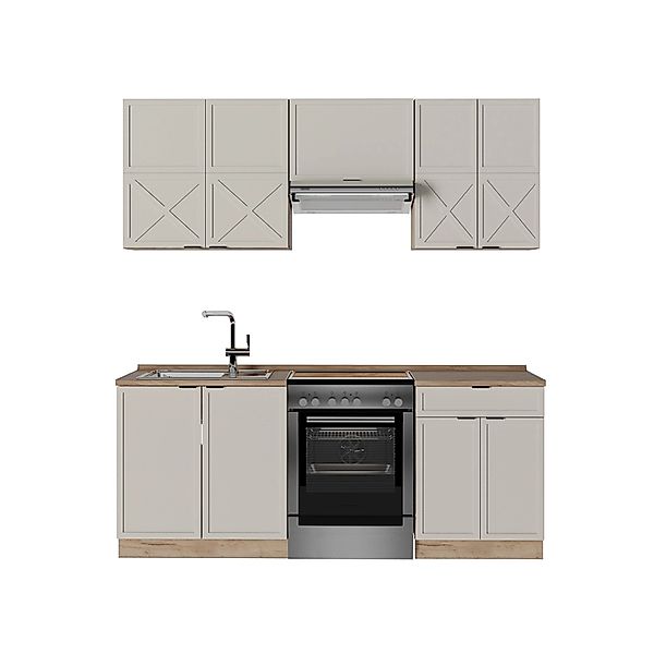 Vicco Fame-Line Küchenzeile GrauBeige/Goldkraft Eiche 200 cm ohne Arbeitspl günstig online kaufen
