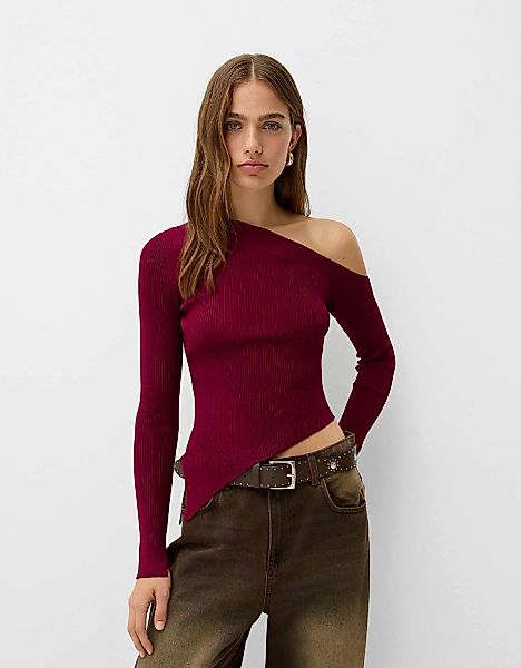 Bershka Asymmetrischer Rippenstrick-Pullover Damen S Granatrot günstig online kaufen