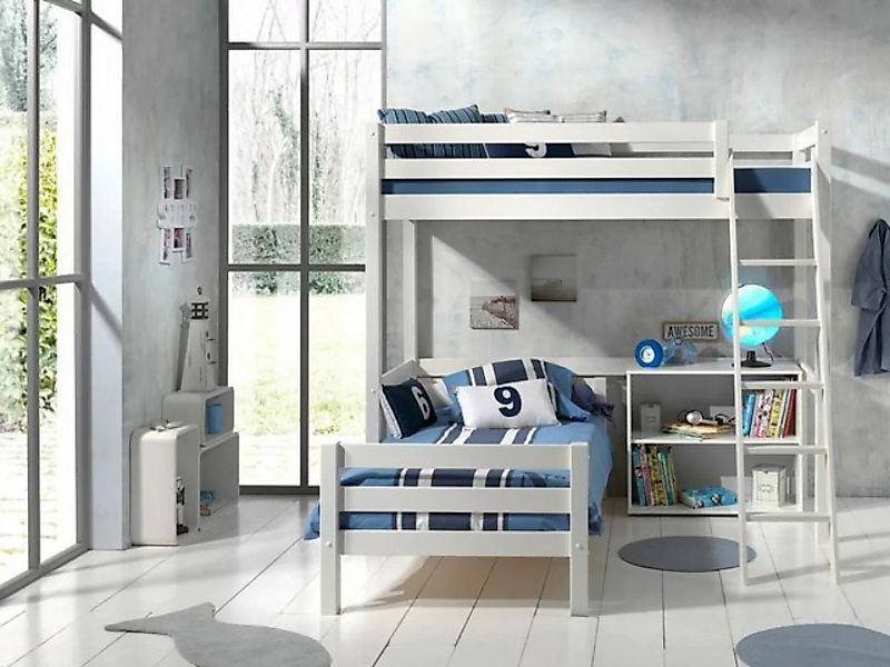 Natur24 Kinderbett Winkel-Hochbett Etagenbett und Regal Kiefer Weiß lackier günstig online kaufen