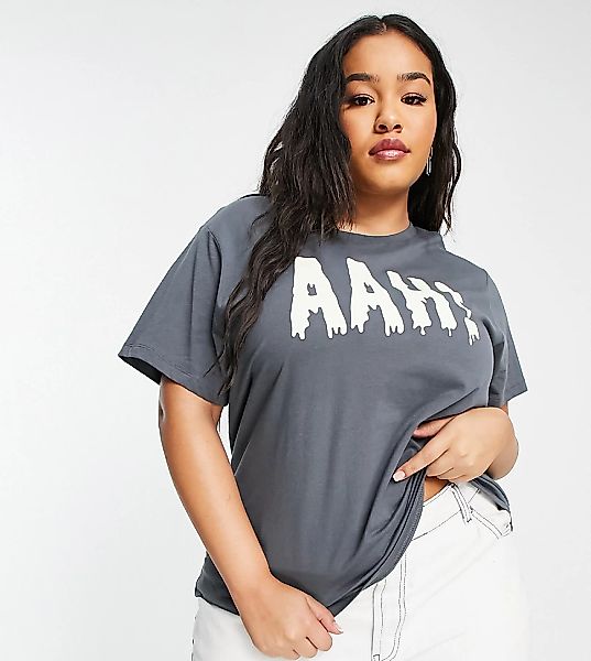 ASOS DESIGN Curve – T-Shirt in Anthrazit mit „Ahhh“-Print-Grau günstig online kaufen