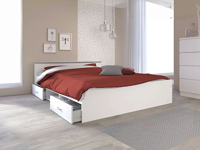 Bett mit Stauraum 140 x 190 cm - 2 Schubladen und 1 Ablagefach - Weiß + Lat günstig online kaufen