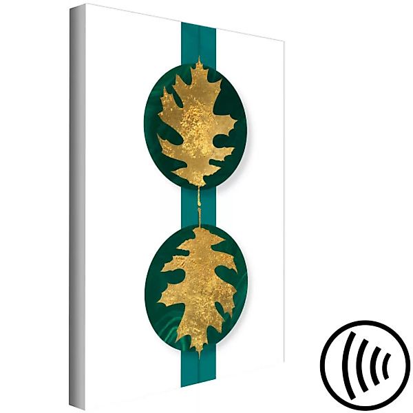 Bild auf Leinwand Goldene Blätter - botanisches Motiv auf smaragd-grünem Hi günstig online kaufen