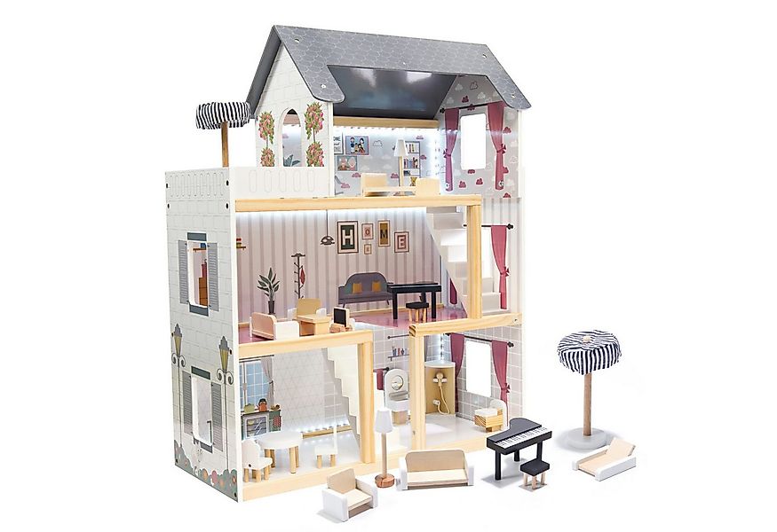 Ikonka Puppenhaus Großes XXXL Puppenhaus 78cm Schwarz mit LED & Möbeln – Ho günstig online kaufen