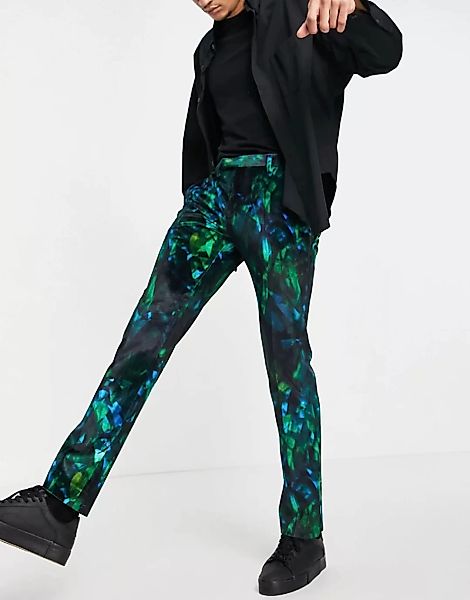 Twisted Tailor – Anzughose mit tropischem Federmuster in Grün günstig online kaufen
