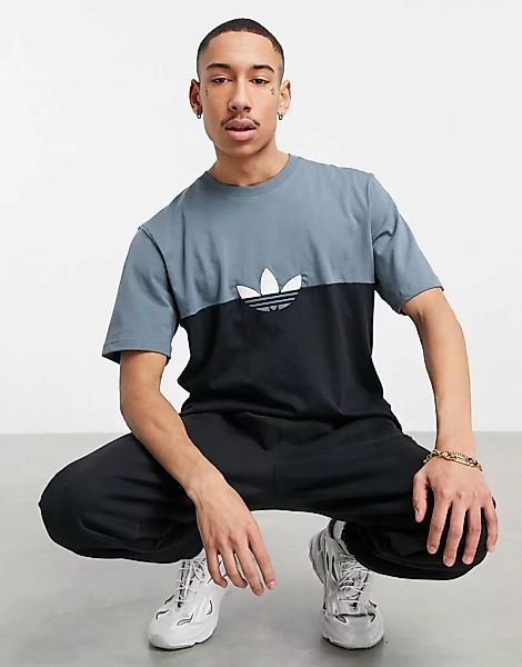 adidas Originals – T-Shirt mit Dreiblatt-Logo im Farbblockdesign in Schwarz günstig online kaufen