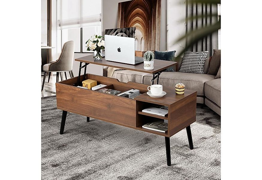 VOWNER Couchtisch Höhenverstellbar, mit Versteckten Fächern, Walnuss Farbe günstig online kaufen