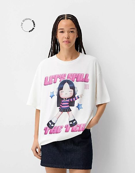 Bershka Oversize-T-Shirt Bershka Wearable Art Mit Kurzen Ärmeln Damen Xs Gr günstig online kaufen