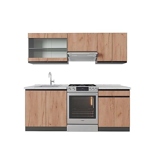 Vicco R-Line Küchenzeile Goldkraft Eiche/Anthrazit 200 cm AP Marmor Opt 2 günstig online kaufen