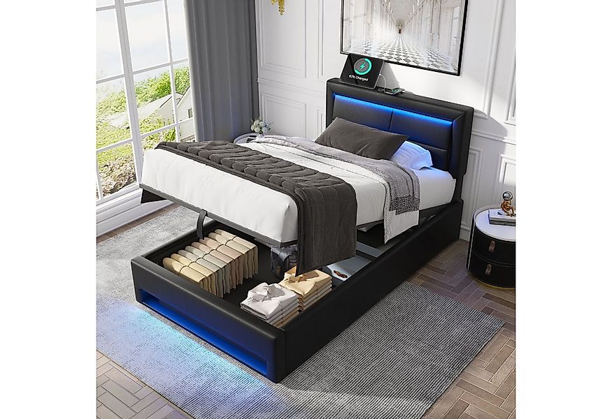 Flieks Polsterbett, LED Einzelbett 90x200cm mit USB-Anschluss und hydraulis günstig online kaufen