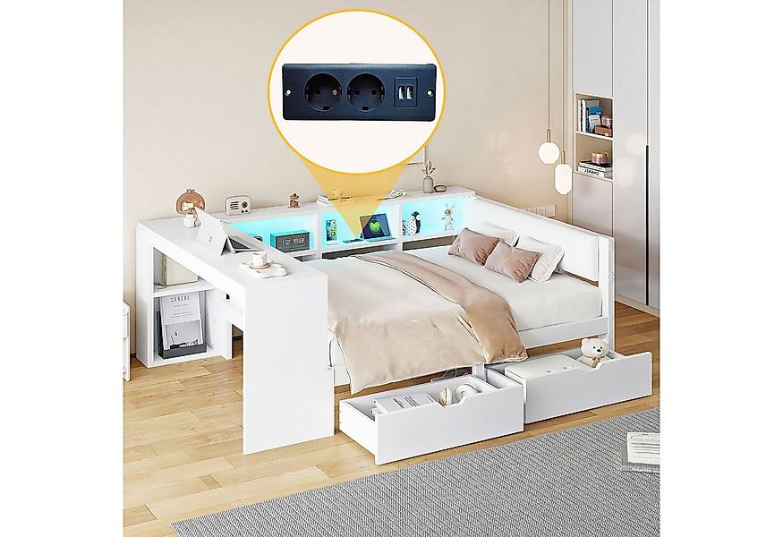 Flieks Holzbett, Kinderbett 140x200cm mit LED, Schubladen, Aufladen und Sch günstig online kaufen