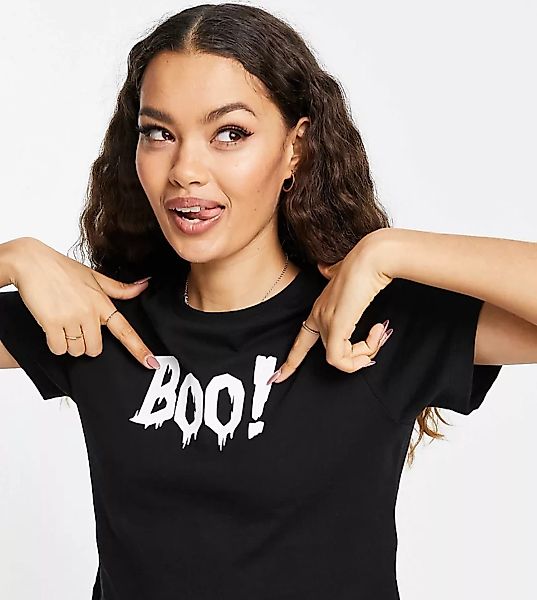 ASOS DESIGN Petite – Halloween – T-Shirt mit knappem Schnitt und „Boo“-Prin günstig online kaufen