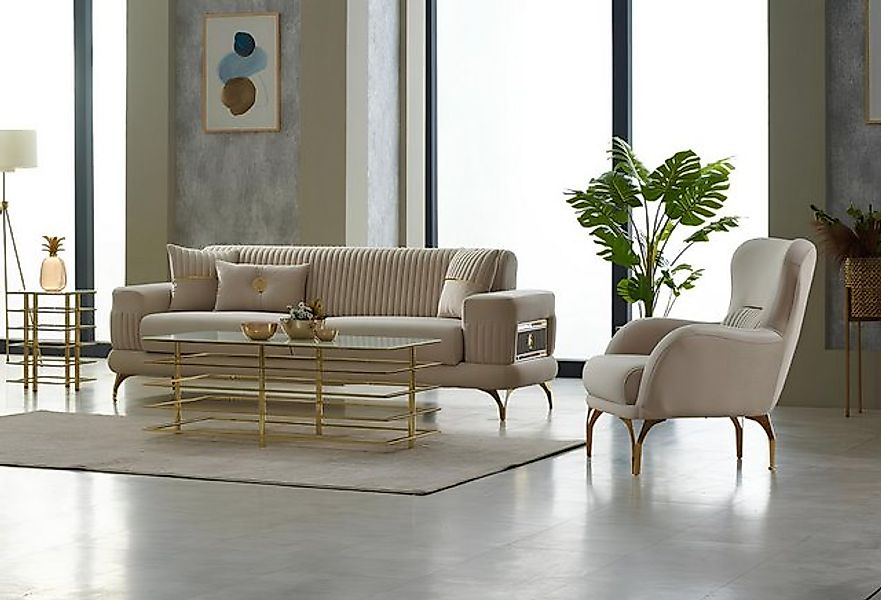 JVmoebel Sofa Sofagarnitur Dreisitzer Sofa Stoffsofa Polstersofa Beige Sess günstig online kaufen