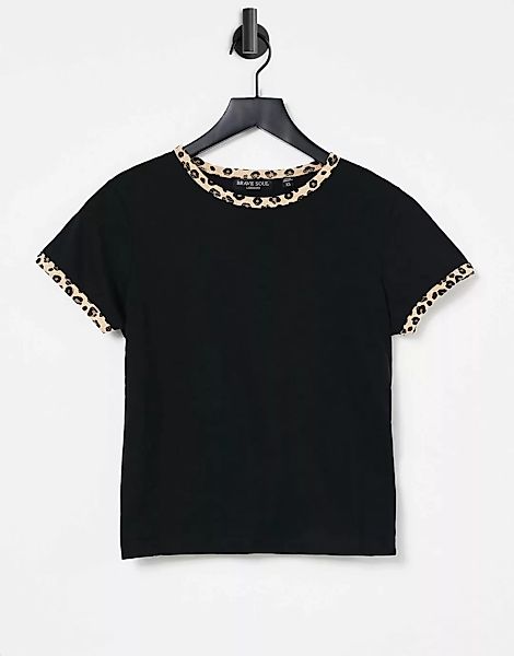 Brave Soul – Claudine – Ringer-T-Shirt mit Einfassung im Leopardenmuster-Sc günstig online kaufen