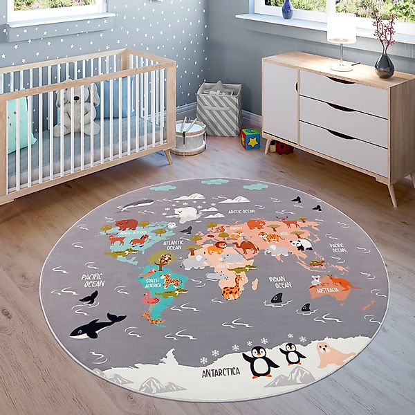 Paco Home Kinderteppich "Bino 581" rund 4 mm Höhe Spielteppich, Motiv Weltk günstig online kaufen
