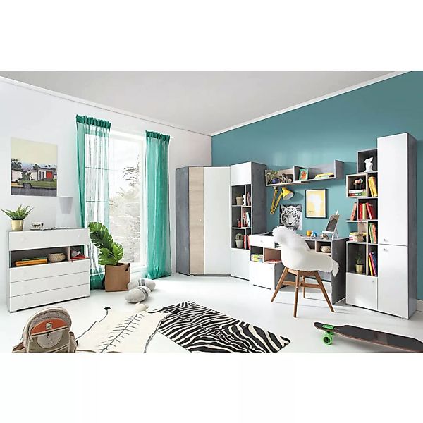 Jugendzimmer Set 6-teilig SEATTLE-133 mit Eckkleiderschrank in Beton weiß E günstig online kaufen