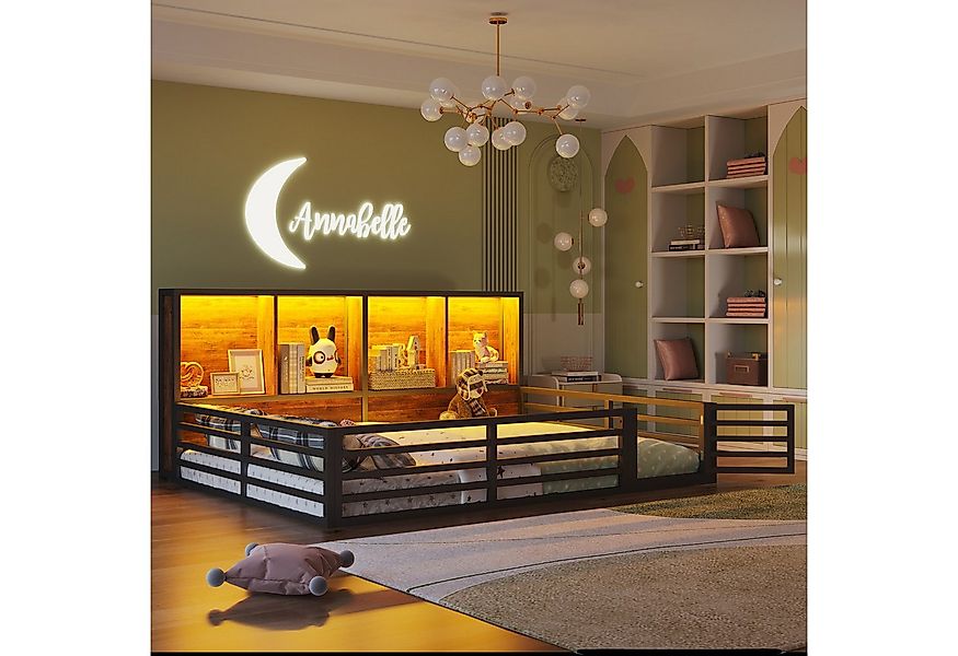 Flieks Kinderbett, Zaunbett Bodenbett Metallbett 140x200cm mit LED Ablagefä günstig online kaufen
