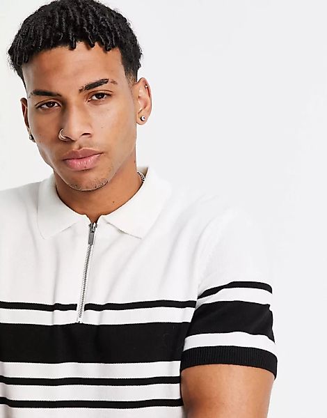 Topman ‑ Polohemd aus Strick mit Querstreifen in Weiß und Schwarz günstig online kaufen