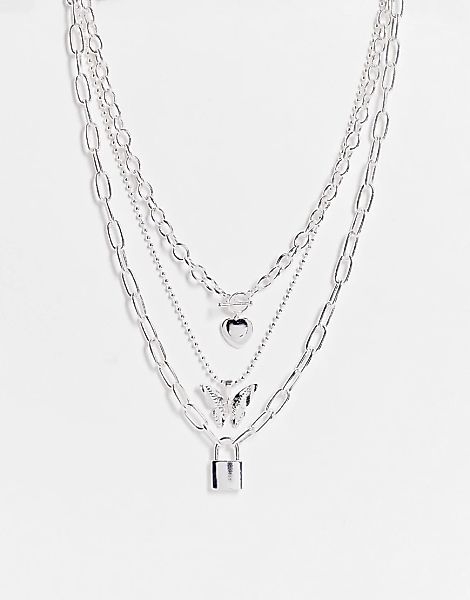 ASOS DESIGN – Silberfarbene, mehrreihige Halskette mit Vorhängeschloss- und günstig online kaufen