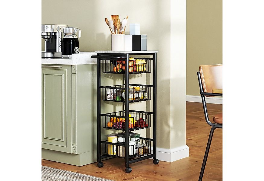 HOMCOM Servierwagen mit Arbeitsplatte, 4 ausziehbaren Stahlkörben, (Rollwag günstig online kaufen