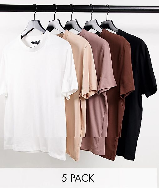 ASOS DESIGN – 5er-Pack T-Shirts aus Bio-Baumwolle in mehreren Farben mit Ru günstig online kaufen