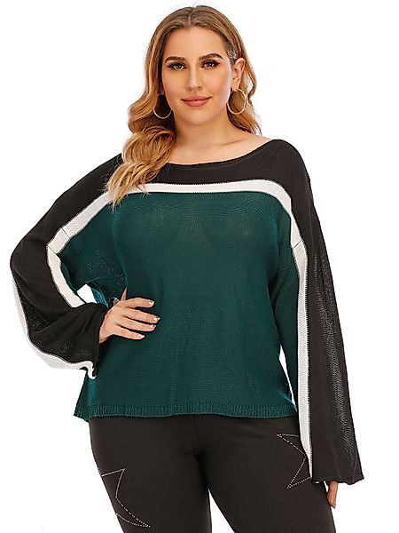 Plus Size Rundhals-Patchwork-Pullover mit langen Ärmeln günstig online kaufen