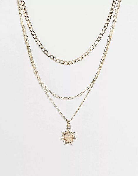 ASOS DESIGN – Goldfarbene, mehrreihige Halskette mit Opal-Sonnenanhänger günstig online kaufen