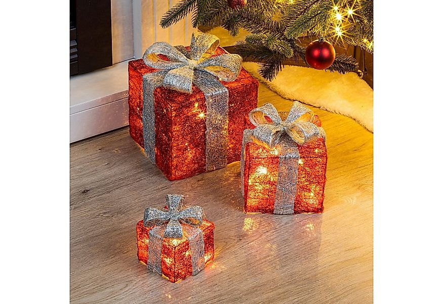 Spetebo LED Dekoobjekt LED Geschenkboxen mit Timer 3er Set - rot / grau, Ti günstig online kaufen