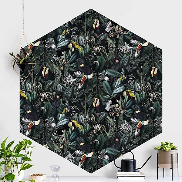 Hexagon Mustertapete selbstklebend Vögel in dunkler Botanik günstig online kaufen