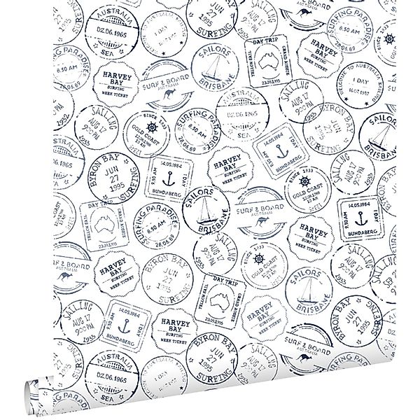 ESTAhome Tapete Australische Surf Stempel Dunkelblau Und Weiß 53 Cm X 1005 günstig online kaufen