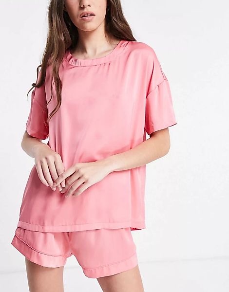 ASOS DESIGN – Mix & Match – Pyjama-T-Shirt aus Satin in Rosa günstig online kaufen