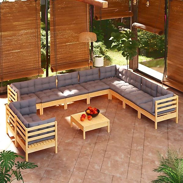 11-tlg. Garten-lounge-set Mit Grauen Kissen Massivholz Kiefer günstig online kaufen