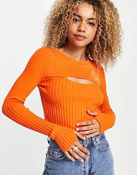 ASOS Weekend Collective – Gerippter Pullover in Orange mit Zierausschnitt günstig online kaufen