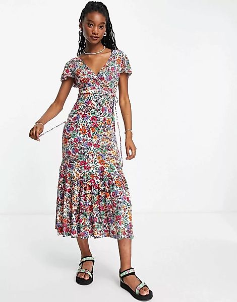 QED London – Midaxi-Wickelkleid mit Flatterärmeln und buntem Blumenmuster-M günstig online kaufen