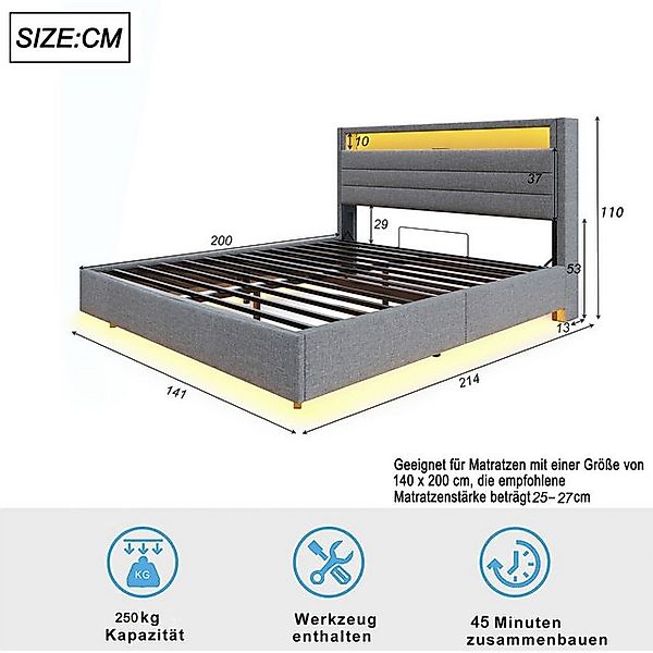 Flieks Polsterbett, LED hydraulisches Schwebebett Doppelbett 140x200cm mit günstig online kaufen