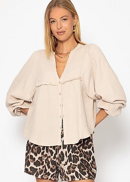 SASSYCLASSY Langarmbluse Musselinbluse Damen mit Fransen und Rüschenärmeln günstig online kaufen