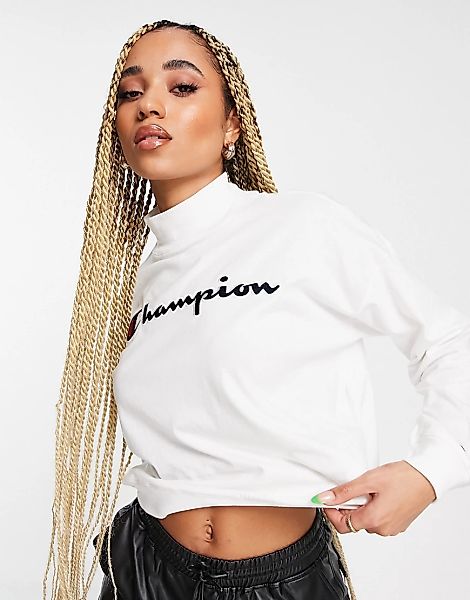 Champion – Sweatshirt mit hohem Kragen und großem Logo in Weiß günstig online kaufen