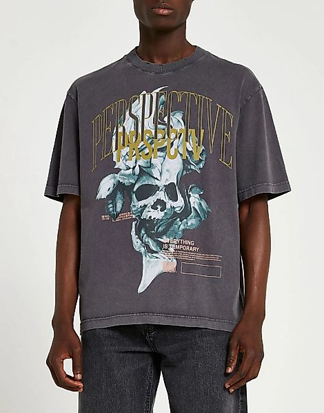 River Island – Oversize-T-Shirt mit Totenkopf-Print in Grau günstig online kaufen