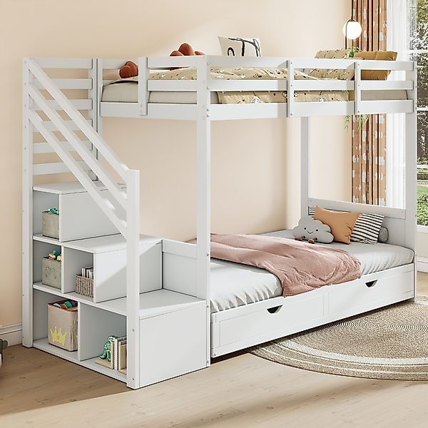 OKWISH Hochbett mit Treppenschrank und 2 günstig online kaufen
