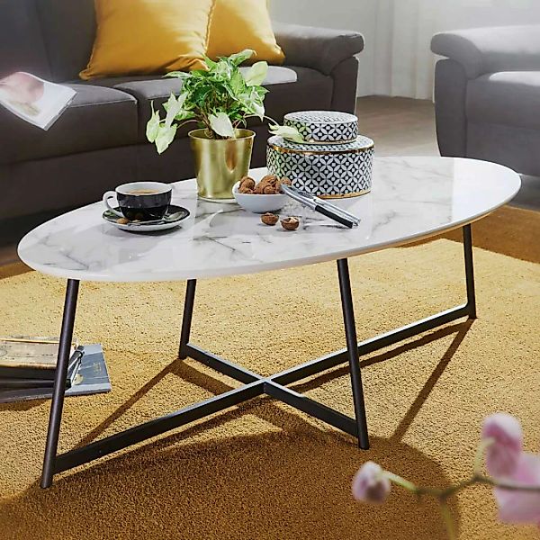 Wohnzimmer Tisch in Weiß Marmor Optik oval günstig online kaufen