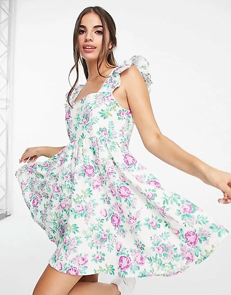 ASOS DESIGN – Sommerliches Mini-Hängerkleid aus Leinen in Weiß mit Blumenmu günstig online kaufen