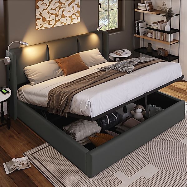 Doppelbett mit Stauraum, USB-Ladefunktion, Leselampe, Massivholz, 160x200 c günstig online kaufen