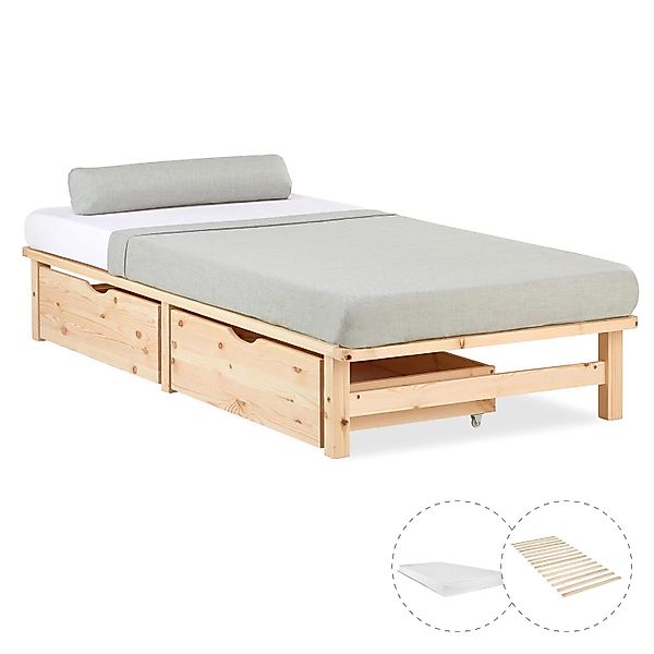 Homestyle4u Holzbett Jugendbett Palettenbett 90x200 mit Matratze 2 Bettkäst günstig online kaufen