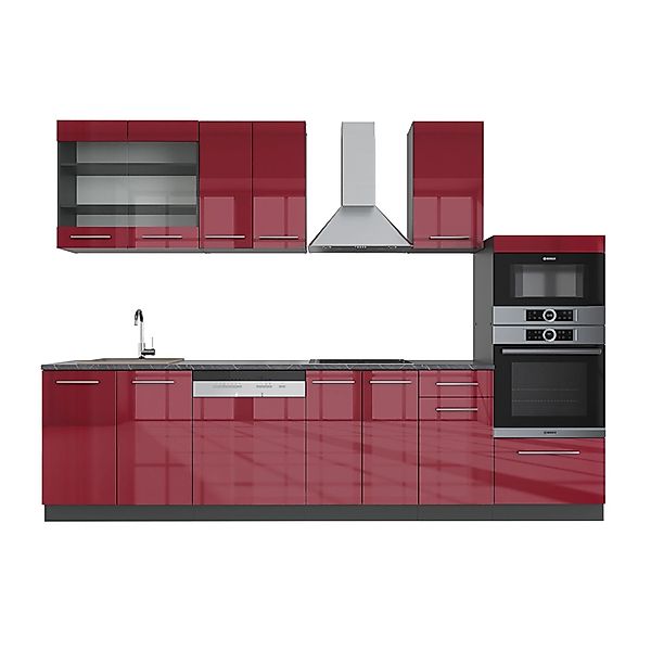 Vicco Fame-Line Küchenzeile Bordeaux Hochglanz/Anthrazit 300 cm mit Hochsch günstig online kaufen